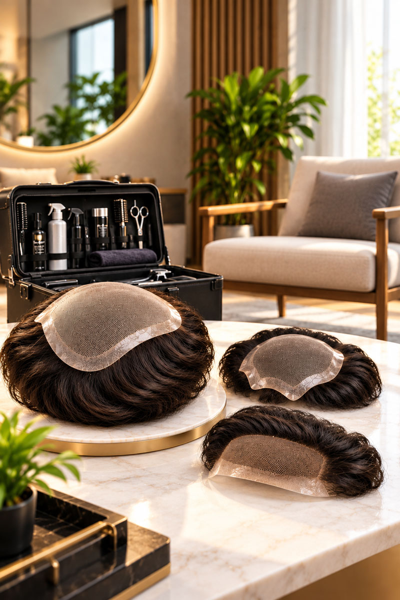Premium hair systems and a professional fitting kit set up for a home visit